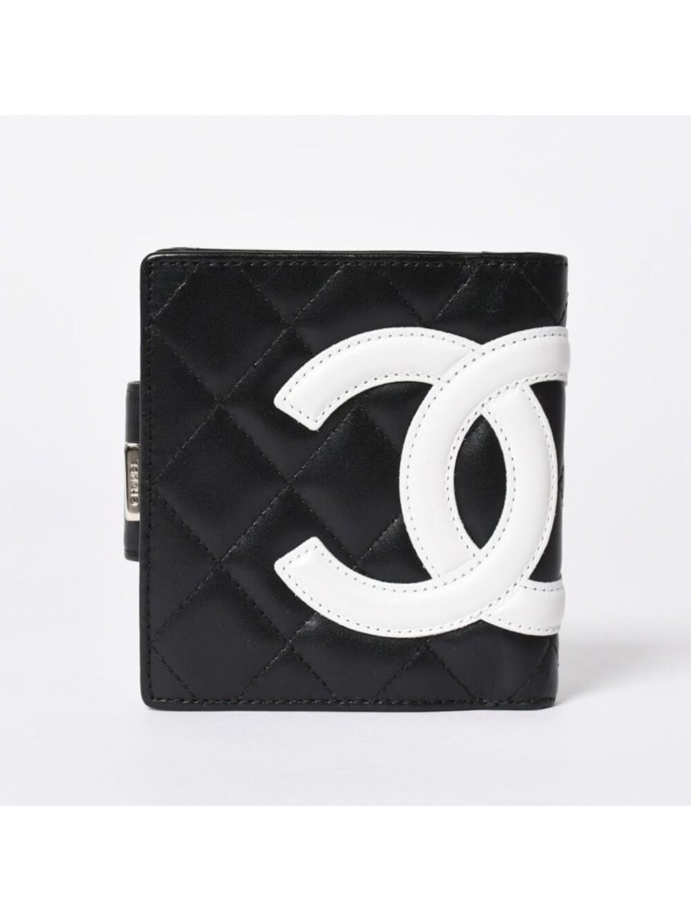 Chanel Cambon Line Bifold Wallet CC Logo Calfskin Kiss Lock Black Silver